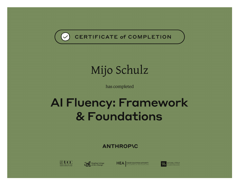 Zertifikat AI Fluency: Framework & Foundations von Mijo Schulz