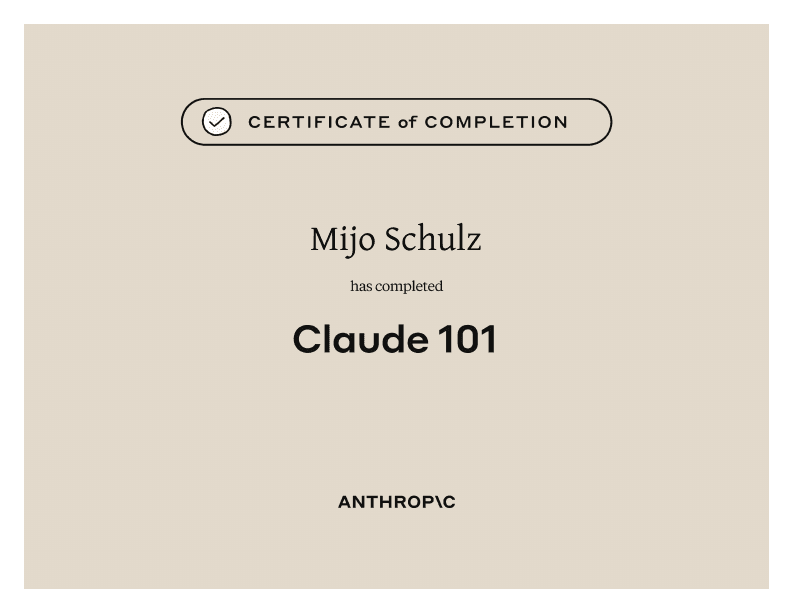 Zertifikat Claude 101 von Mijo Schulz