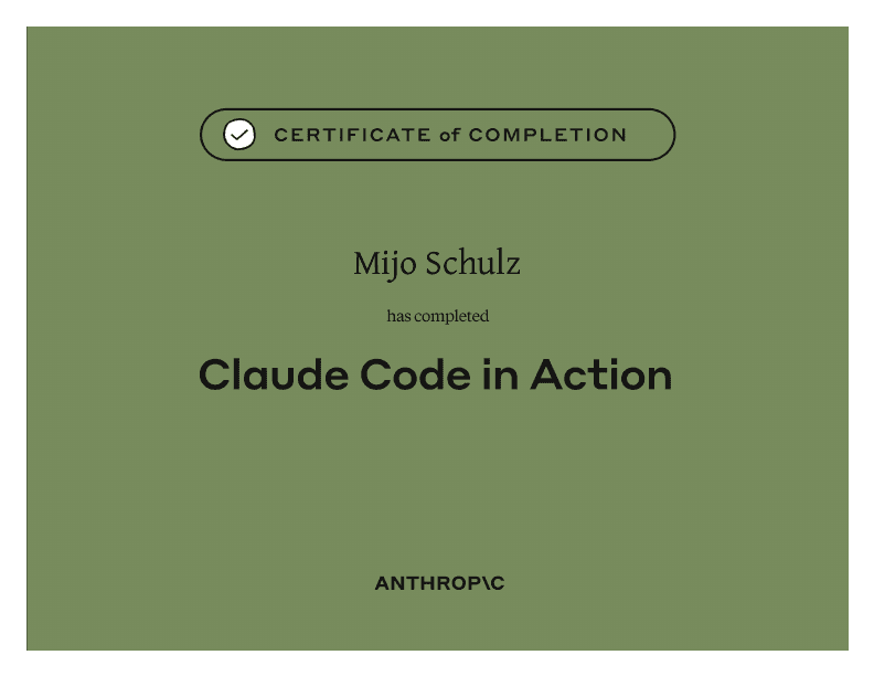 Zertifikat Claude Code in Action von Mijo Schulz